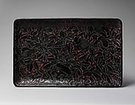Rectangular tray with peonies and birds, Carved black lacquer, China