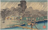 Tea-houses on the Bank of the Tadasu River in a Shower, Utagawa Hiroshige  Japanese, Woodblock print; ink and color on paper, Japan