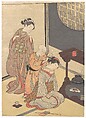 Night Rain at the Double-Shelf Stand, from the series Eight Parlor Views (Zashiki hakkei), Suzuki Harunobu Japanese, Woodblock print; ink and color on paper, Japan