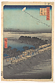 “Nihon Embankment at Yoshiwara,” from the series One Hundred Famous Views of Edo (Meisho Edo hyakkei, Yoshiwara, Nihonzutsumi)
, Utagawa Hiroshige Japanese, Woodblock print; ink and color on paper, Japan