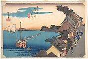View of the Kanagawa station at sunset, Utagawa Hiroshige Japanese, Woodblock print; ink and color on paper, Japan