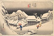 A Snowy Evening at Kanbara Station, Utagawa Hiroshige  Japanese, Woodblock print; ink and color on paper, Japan