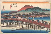 Kyoto: The Great Bridge at Sanjō (Taibi, Keishi, Sanjō Ōhashi), from the series Fifty-Three Stations of the Tōkaidō (Tōkaidō gojūsan tsugi), Utagawa Hiroshige Japanese, Woodblock print; ink and color on paper, Japan