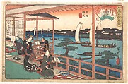 The Kawachiya Restaurant, Yanagi-bashi, Ryōgoku (Ryōgoku Yanagi-bashi, Kawachiya), from the series A Collection of Famous Restaurants of Edo (Edo Kōmei Kaitei Zukushi), Utagawa Hiroshige  Japanese, Woodblock print (nishiki-e); ink and color on paper, Japan