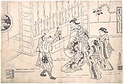 The Actor Ichimura Takenojo VIII in the Role of a Puppeteer, showing Puppets to a Courtesan, Torii Kiyomasu I  Japanese, Monochrome woodblock print; ink on paper, Japan