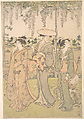 Three Women and a Small Boy beneath a Wisteria Arbor on the Bank of a Stream, Torii Kiyonaga  Japanese, One sheet of a triptych of woodblock prints; ink and color on paper, Japan