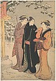 Man in a Black Haori (Coat) and Two Women Approaching a Temple, Torii Kiyonaga Japanese, Woodblock print; ink and color on paper, Japan