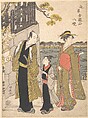 A Man with a Boy and a Geisha Visiting the Kinryusan Temple, Torii Kiyonaga Japanese, Woodblock print; ink and color on paper, Japan