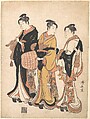 Three Young Women Masquerading as Komuso (Strolling Minstrel), Torii Kiyonaga Japanese, Woodblock print; ink and color on paper, Japan