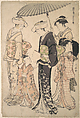 Two Women in Summer Costume Taking a Young Girl to a Shinto Temple for the Miya Mairi Ceremony, Torii Kiyonaga  Japanese, Woodblock print; ink and color on paper, Japan