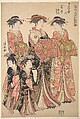 The Courtesan Wakakusa of the Chōjiya Brothel, and Attendants Asano and Midori, from the series “A Pattern Book of the Year’s First Designs, Fresh as Spring Herbs” (Hinagata wakana no hatsumoyō), Torii Kiyonaga Japanese, Woodblock print; ink and color on paper, Japan