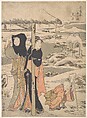 A Day in Winter; Two Ladies and a Child in a Garden, Torii Kiyonaga Japanese, Woodblock print; ink and color on paper, Japan