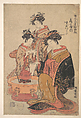 The Oiran Sugawara of Tsuru-ya seated beside a hibachi (fire box), Isoda Koryūsai  Japanese, Woodblock print; ink and color on paper, Japan