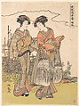 Girl Accompanied by an Elder Attendant Walking by a Stream, Isoda Koryūsai  Japanese, Woodblock print; ink and color on paper, Japan