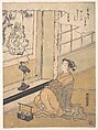 A Young Woman Seated in a Room and Looking at a Kakemono of Fukurokujin, Isoda Koryūsai  Japanese, Woodblock print; ink and color on paper, Japan