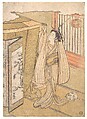 A Girl Hanging up a Mosquito Net Canopy over Her Bed., Isoda Koryūsai  Japanese, Woodblock print; ink and color on paper, Japan