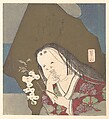 Otafuku Holding a Branch of Double White Cherry Blossoms, Watanabe Kazan  Japanese, Woodblock print (surimono); ink and color on paper, Japan