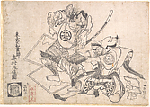 Nakamura Denkuro as Asaina no Saburo and Nakajima Kanzaemon as Soga no Gorō, Acting Out the Torn Armor Scene (Kusazuri-biki) in a Soga Play, Okumura Masanobu Japanese, Woodblock print; ink and color on paper, Japan