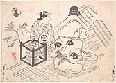 Katsuyama Matagoro as a Yane-chi Seated on a Straw Mat on the Tiled Roof of a House, Okumura Masanobu Japanese, Woodblock print; ink and color on paper, Japan