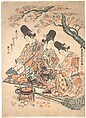 Parody of Palace Servants Heating Sake over a Fire of Maple Leaves
, Okumura Masanobu  Japanese, Red-colored woodblock print (benizuri-e); ink and color on paper, Japan