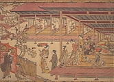 A Man Standing Outside the Gate of a Large House, Okumura Masanobu Japanese, Woodblock print; ink, color, and hand-coloring on paper, Japan