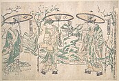 Triptych of Umbrellas, Okumura Masanobu  Japanese, Undivided triptych of woodblock prints; ink and color on paper, Japan