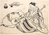 A Man in a Kneeling Posture Bending Forward and Listening to an Oiran who is Playing the Shamisen, Okumura Masanobu Japanese, Woodblock print; ink and color on paper, Japan
