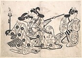 Samurai and Courtesan Seated; A Servant Beside Them, Sugimura Jihei Masataka  Japanese, Monochrome woodblock print; ink on paper, Japan