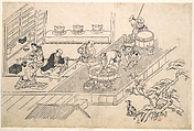 The Kitchen of a Joroya., Hishikawa Moronobu  Japanese, Woodblock print; ink and color on paper, Japan