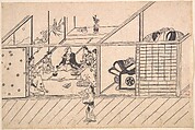 A Banquet in a Joroya, Hishikawa Moronobu  Japanese, Monochrome woodblock print; ink and color on paper, Japan