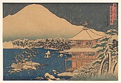 Kinkakuji seen in Falling Snow, Hasegawa Sadanobu  Japanese, Woodblock print; ink and color on paper, Japan