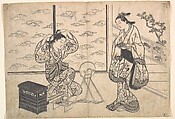 Two Women in a Room Opening on a Verandah, Hasegawa Mitsunobu  Japanese, Monochrome woodblock print; ink on paper, Japan