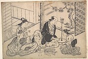Interior, Three Figures: Sake Party, Hasegawa Mitsunobu  Japanese, Monochrome woodblock print; ink on paper, Japan
