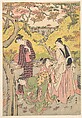 A Young Man, Two Young Women and a Girl at a Picnic Party, Katsukawa Shunchō Japanese, Middle sheet of a triptych of woodblock prints; ink and color on paper, Japan