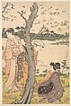 Gathering Young Flowers, Katsukawa Shunchō Japanese, Middle sheet of a triptych of woodblock prints; ink and color on paper, Japan