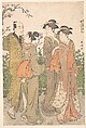 A Group of Three Women Accompanied by a Manservant, Katsukawa Shunchō Japanese, Woodblock print; ink and color on paper, Japan