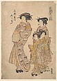 The Oiran Shirayu of Wakanaya attended by Two Kamuro and Shinzo, Katsukawa Shunchō Japanese, Woodblock print; ink and color on paper, Japan