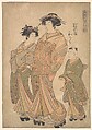The Oiran Wakoku of Echizen-ya attended by a Shinzo and a Kamuro, Katsukawa Shunchō Japanese, Woodblock print; ink and color on paper, Japan