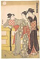 Three Women on a Bridge, Katsukawa Shunchō Japanese, Woodblock print; ink and color on paper, Japan