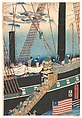 Yokohama Trade: Picture of Westerners Shipping Cargo, Utagawa (Gountei) Sadahide (Japanese, 1807–1873), Oban pentaptych of woodblock prints; ink and color on paper, Japan
