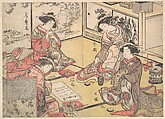 Four Oiran of the House Called Kadokana-ya Playing the Game of Ko-awase (Incense Game), Katsukawa Shunshō 勝川春章 Japanese, Woodblock print (nishiki-e); ink and color on paper, Japan