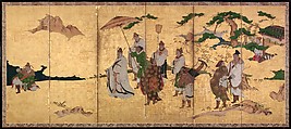 Meeting between Emperor Wen and Fisherman Lü Shang, Attributed to Kano Takanobu (Japanese, 1571–1618), Pair of six-panel folding screens; ink, color, and gold on gilded paper, Japan