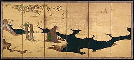 Meeting between Emperor Wen and Fisherman Lü Shang, Attributed to Kano Takanobu (Japanese, 1571–1618), Pair of six-panel folding screens; ink, color, and gold on gilded paper, Japan
