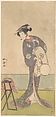 The First Nakamura Tomijuro as an Oiran Standing in a Room, Katsukawa Shunshō　勝川春章  Japanese, Woodblock print (nishiki-e); ink and color on paper, Japan