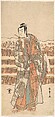 The Second Ichikawa Monnosuke as a Man of High Rank Standing in the Snow, Katsukawa Shunshō　勝川春章  Japanese, Woodblock print (nishiki-e); ink and color on paper, Japan