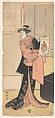 The Third Segawa Kikunojo as a Woman Standing in a Room, Katsukawa Shun'ei 勝川春英  Japanese, One sheet of a triptych of woodblock prints; ink and color on paper, Japan