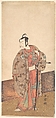 The Actor Ichikawa Danjuro V standing inside of a house and in front of an engawa, Katsukawa Shunshō 勝川春章 Japanese, Woodblock print (nishiki-e); ink and color on paper, Japan