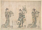 Three Actors, Ishikawa Toyonobu  Japanese, Triptych of woodblock prints; ink and color on paper, Japan