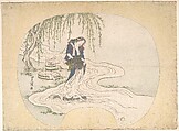 A Woman Stands on a Rock in a Stream Washing Clothes, Utagawa Toyoshige Japanese, Woodblock print; ink and color on paper, Japan