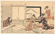“Preparing Food for the Warbler,” from the album Men’s Stamping Dance (Otoko dōka, uguisu no esa suri)

, Kitagawa Utamaro  Japanese, Page from a woodblock printed book; ink and color on paper, Japan